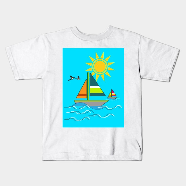 Boat Sea Sun Bird Kids T-Shirt by Grafititee